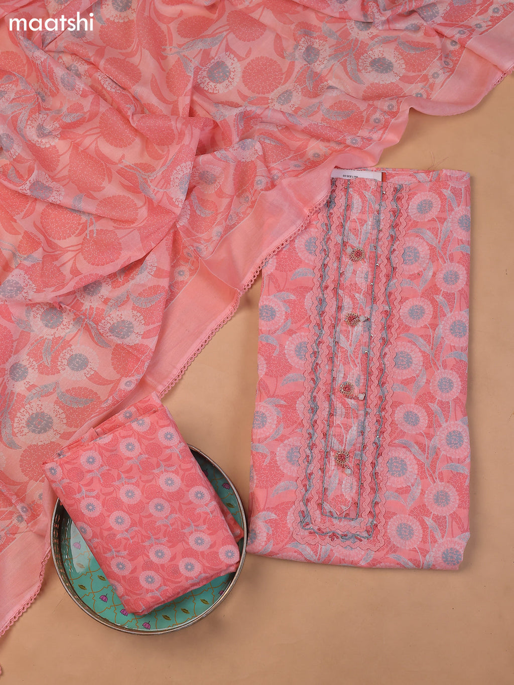 Candy Pink Cotton Dress Material With Printed & Embroidery Work