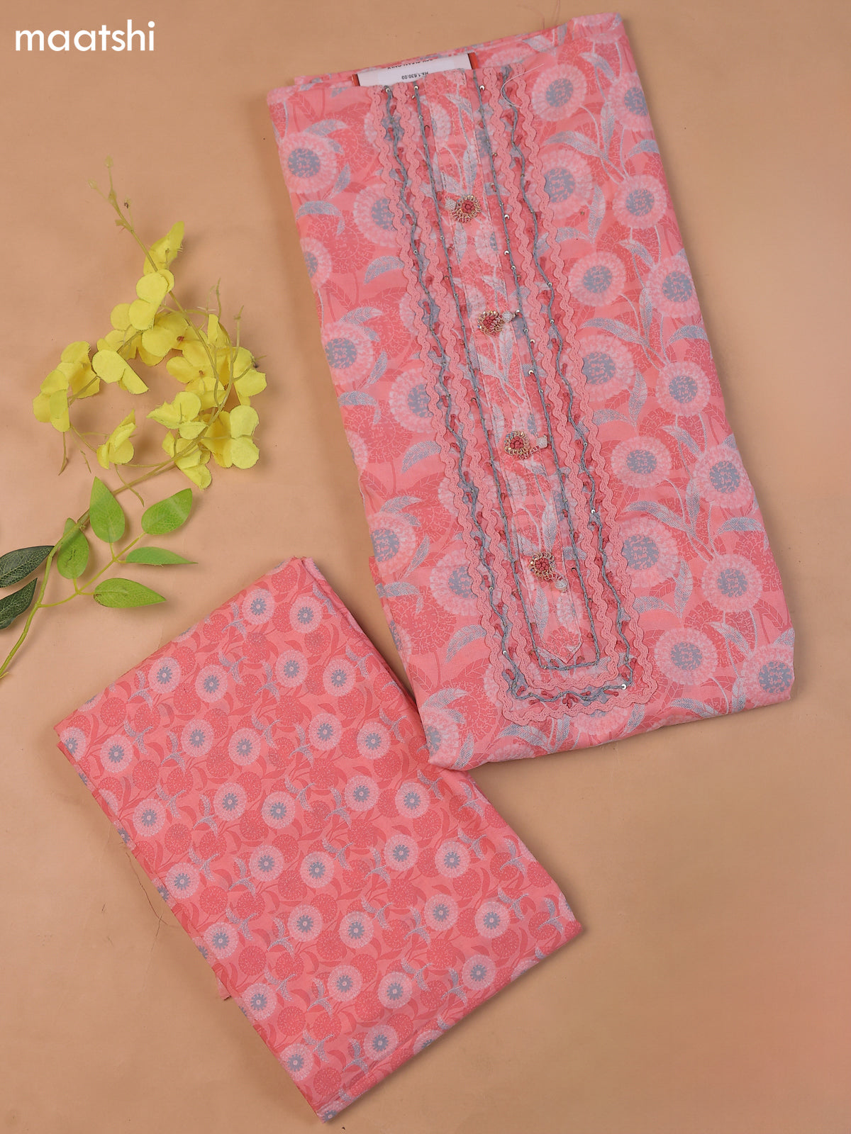 Candy Pink Cotton Dress Material With Printed & Embroidery Work