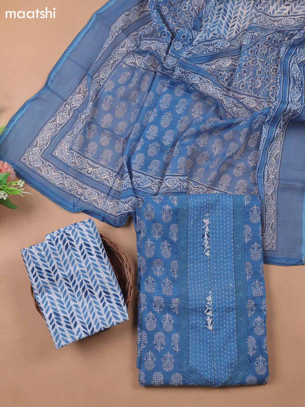 Blue Cotton Dress Material With Butta Prints