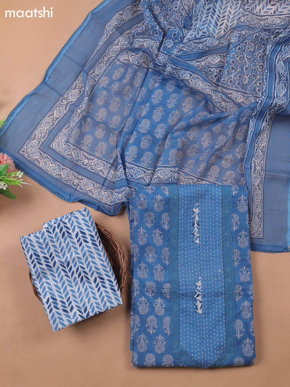 Blue Cotton Dress Material With Butta Prints
