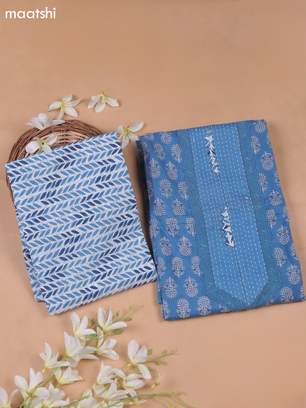 Blue Cotton Dress Material With Butta Prints