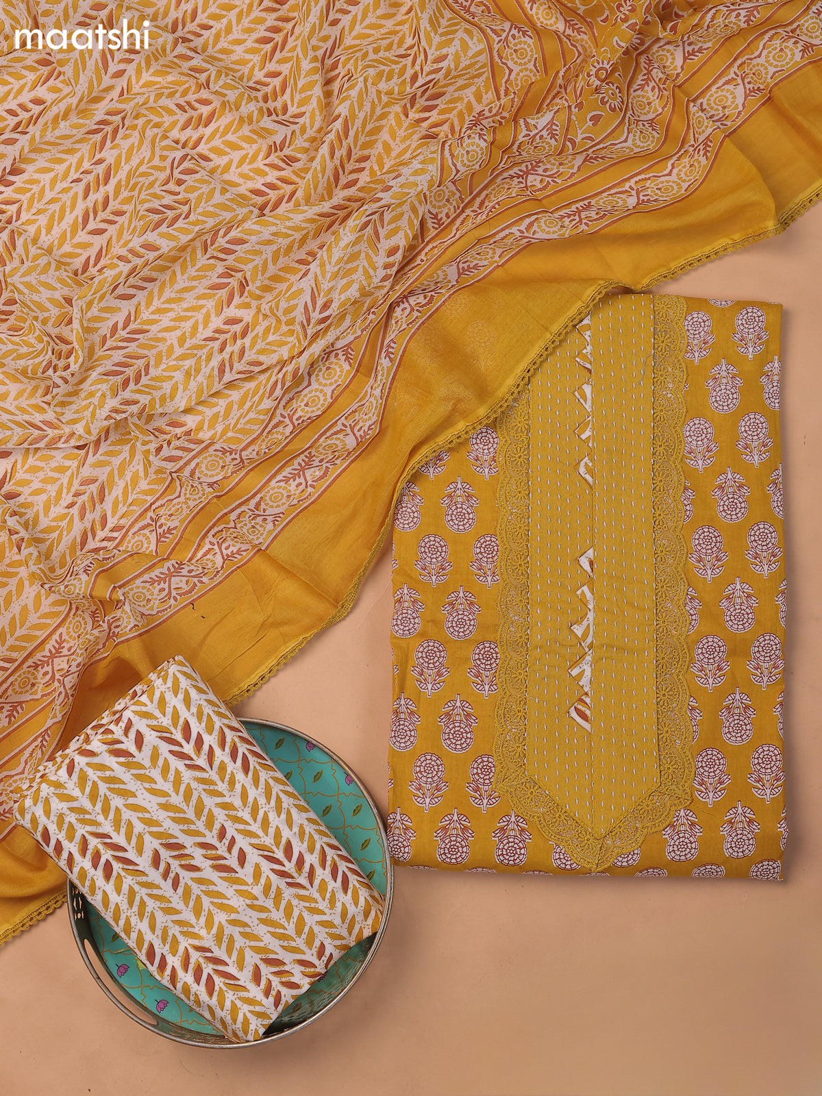 Yellow Cotton Dress Material With Butta Prints