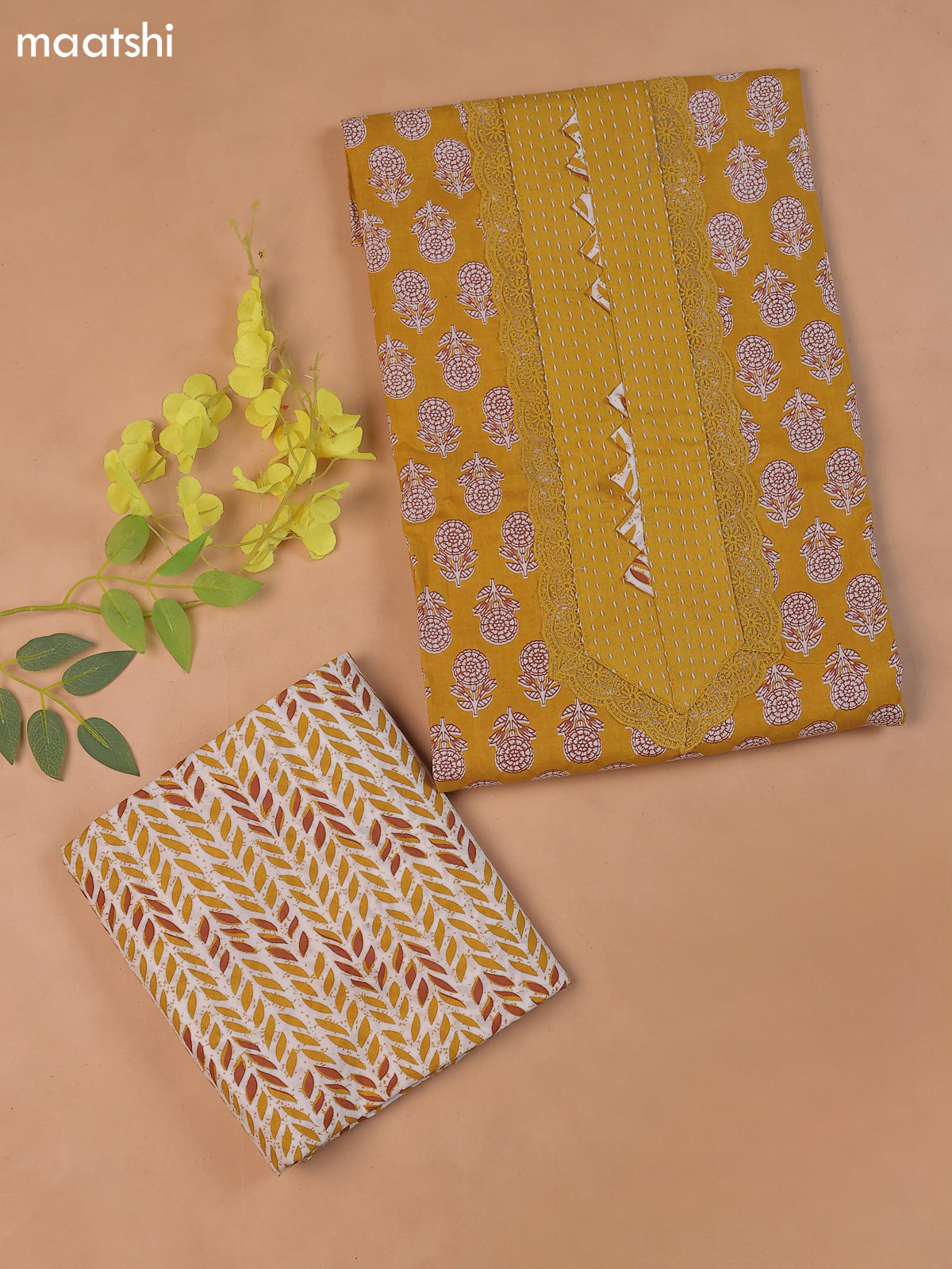 Yellow Cotton Dress Material With Butta Prints