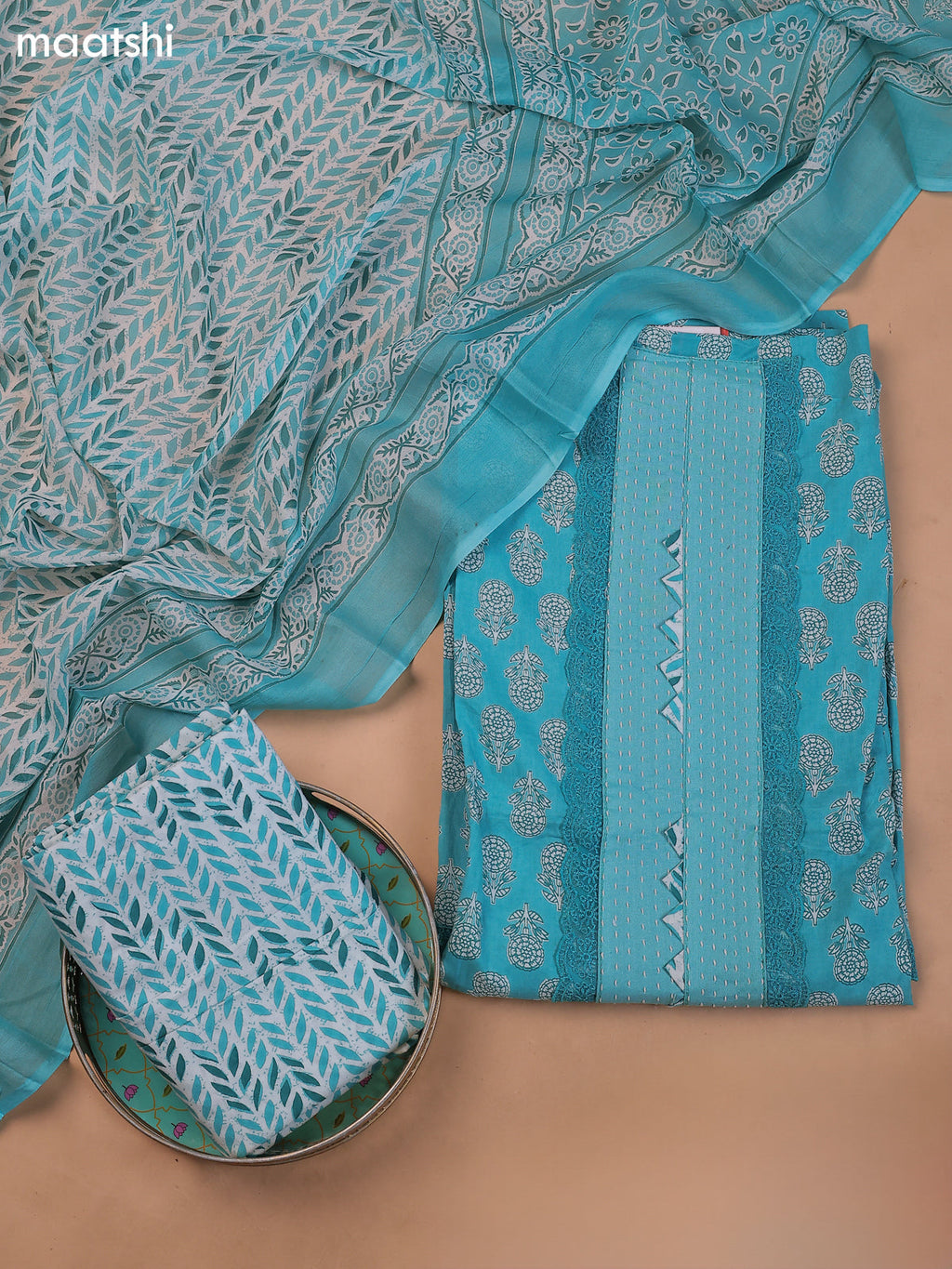 Teal Blue Cotton Dress Material With Butta Prints