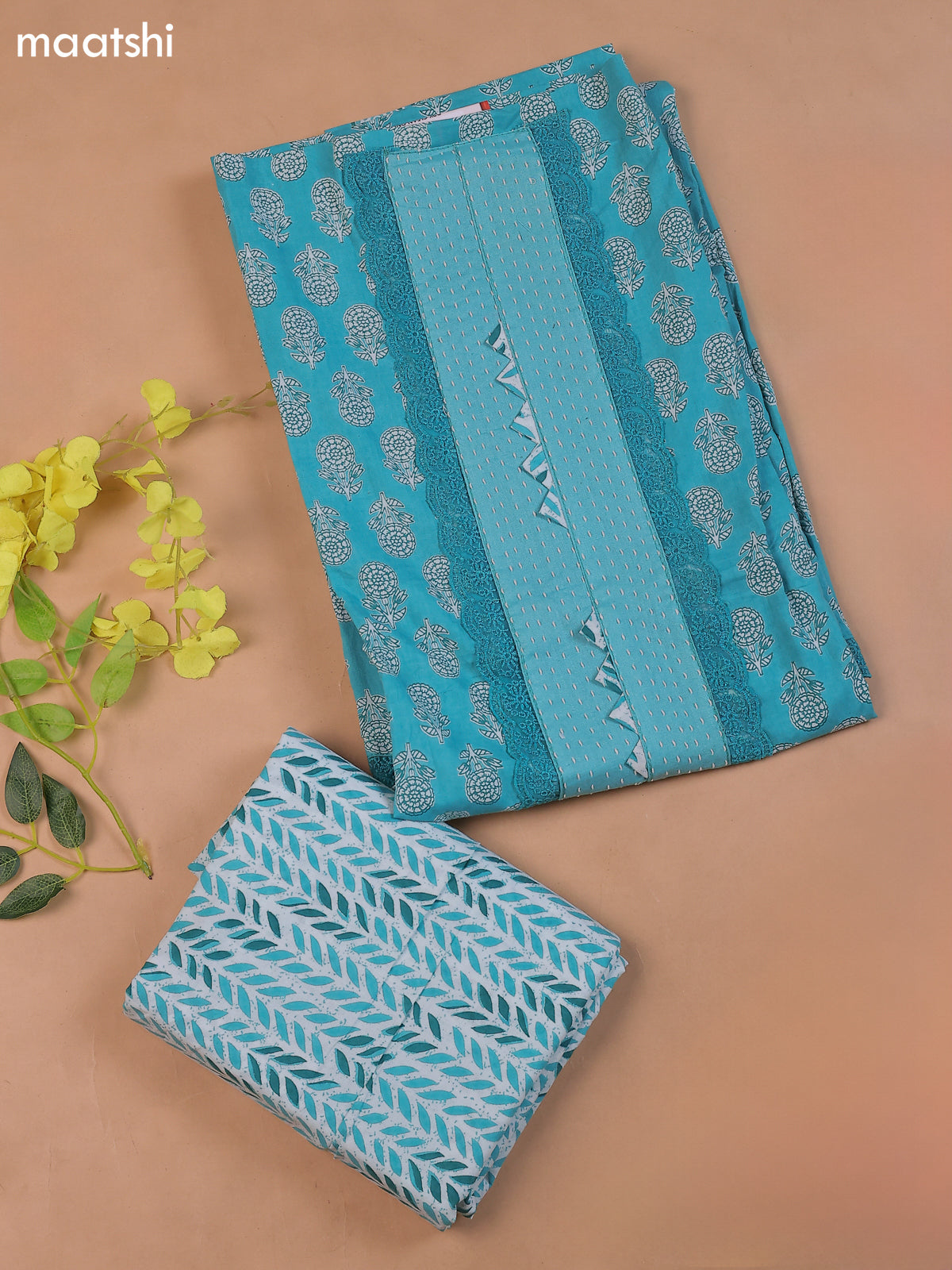 Teal Blue Cotton Dress Material With Butta Prints