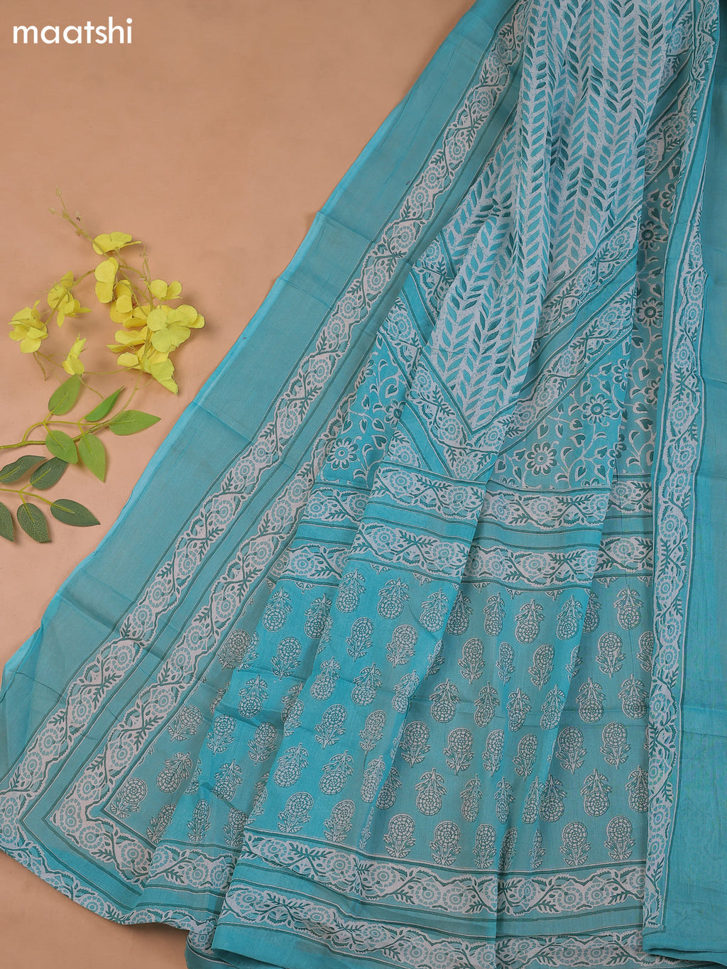 Teal Blue Cotton Dress Material With Butta Prints