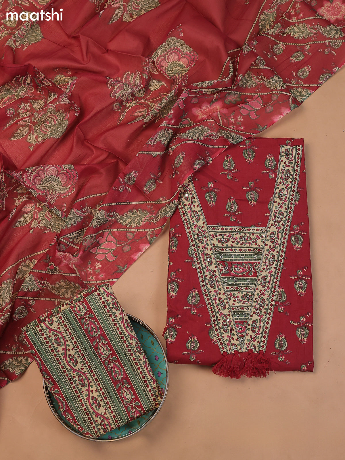 Maroon Cotton Dress Material With Prints