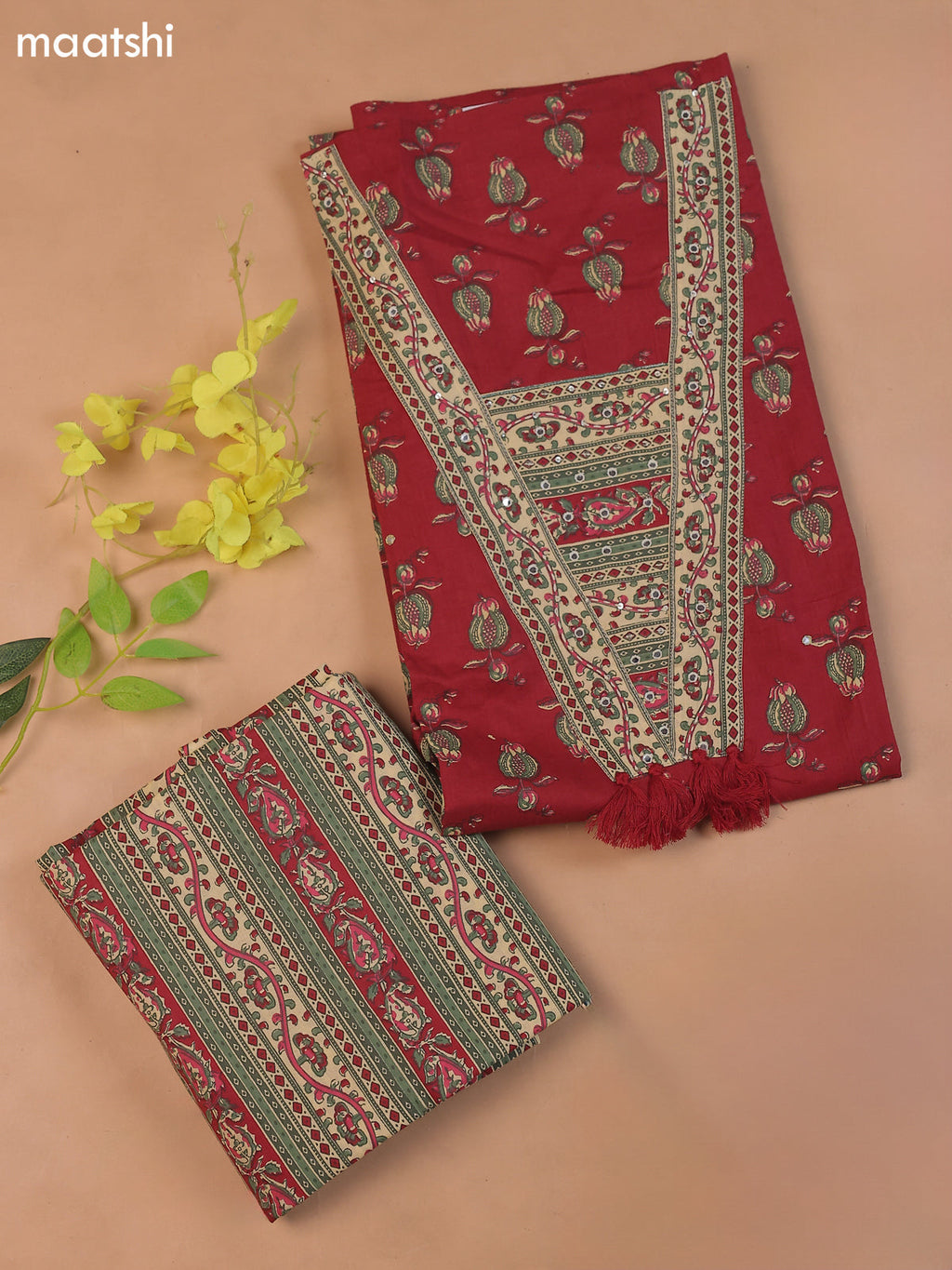 Maroon Cotton Dress Material With Prints