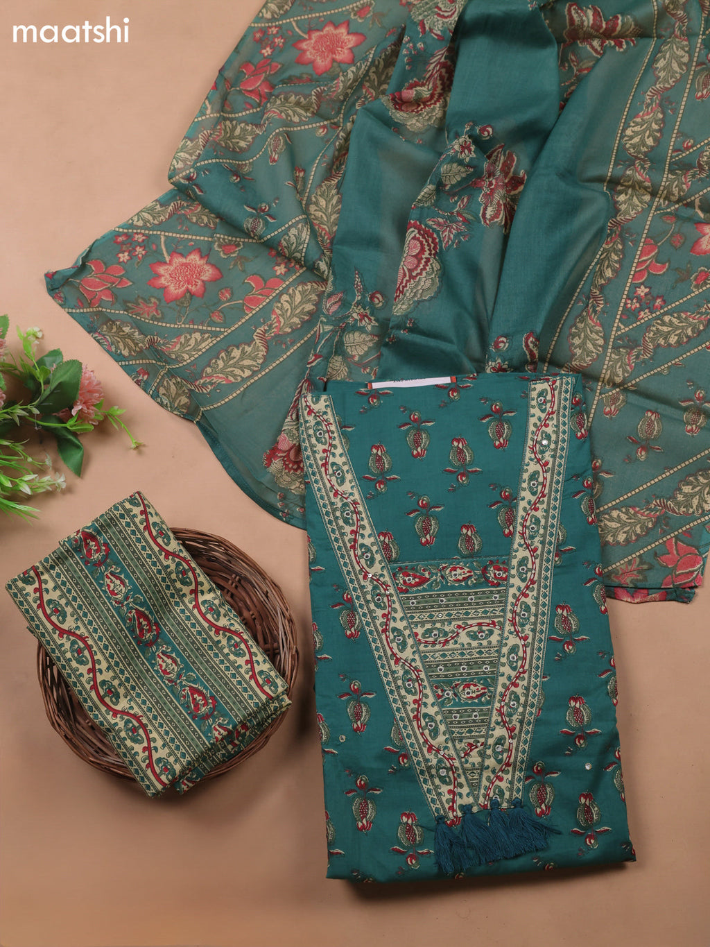 Teal Green Cotton Dress Material With Prints