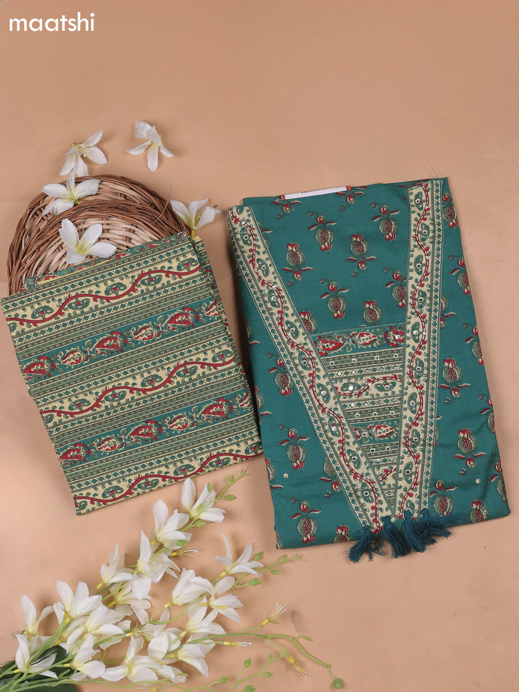 Teal Green Cotton Dress Material With Prints