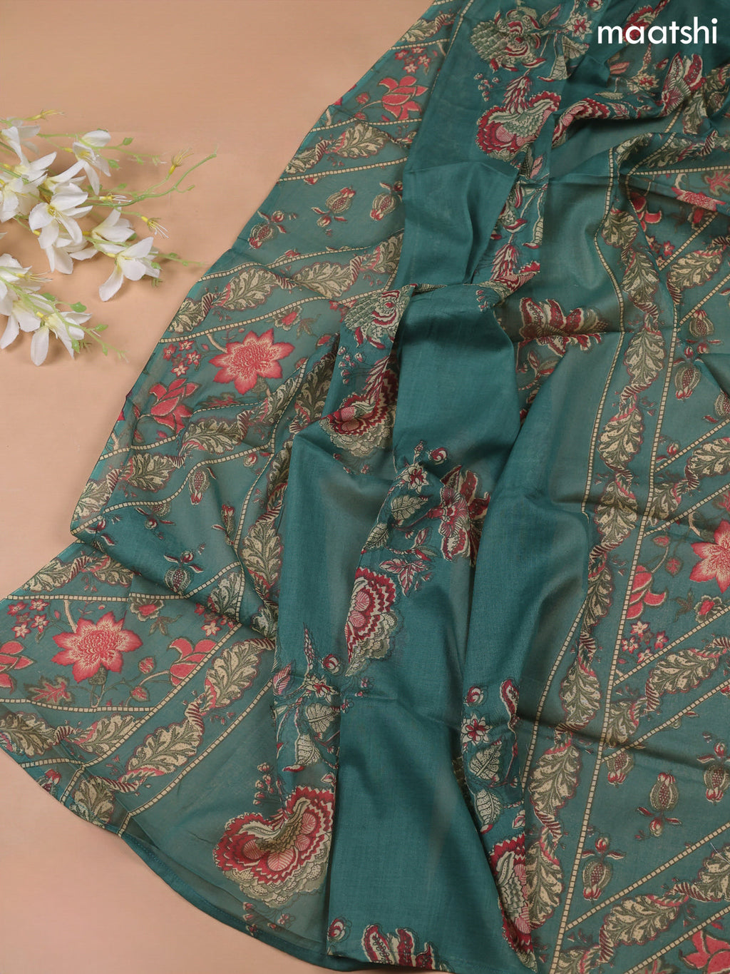 Teal Green Cotton Dress Material With Prints