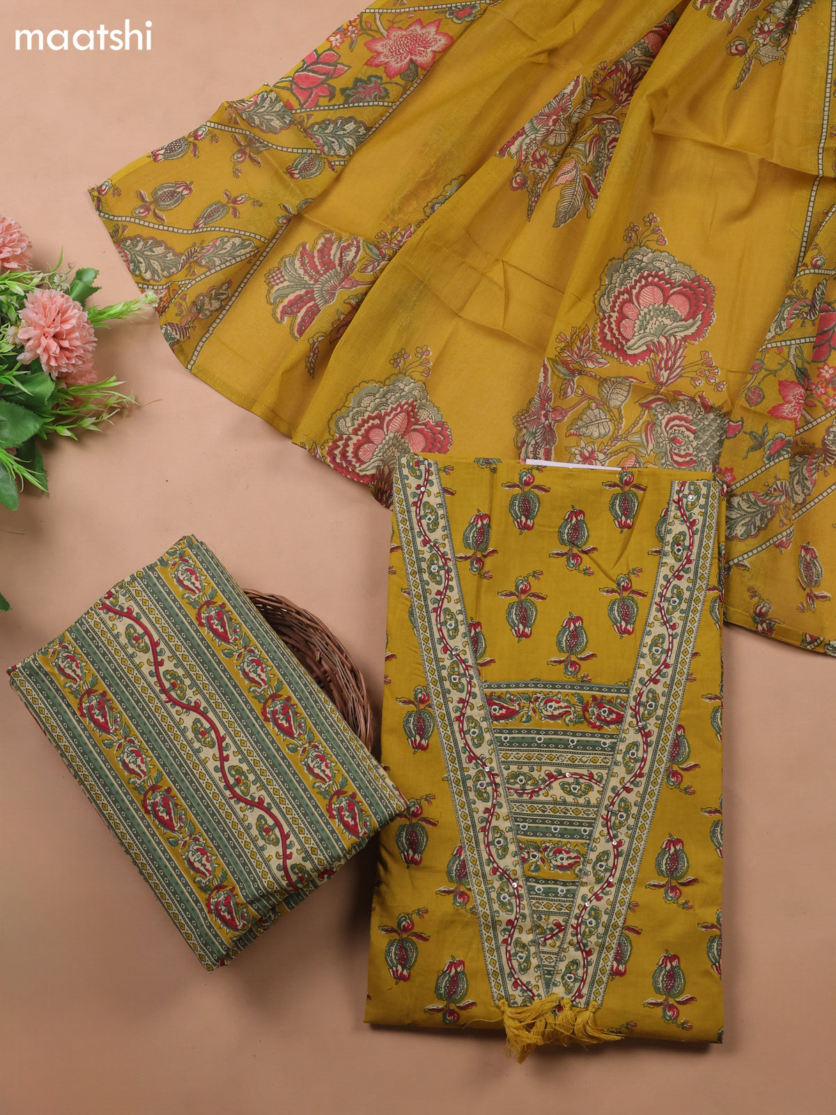 Musted Yellow Cotton Dress Material With Prints