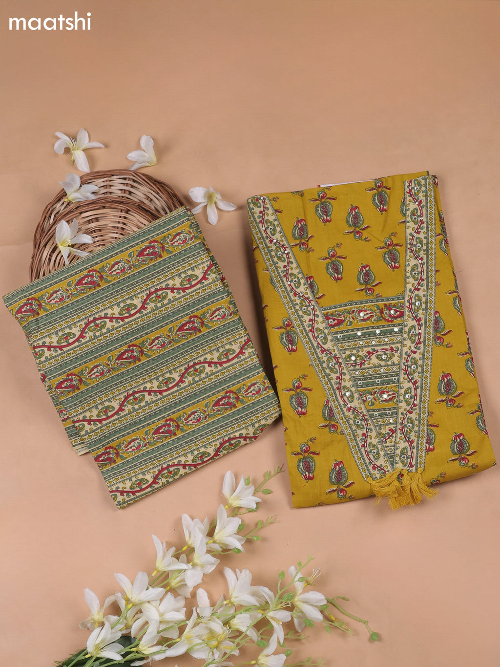 Musted Yellow Cotton Dress Material With Prints