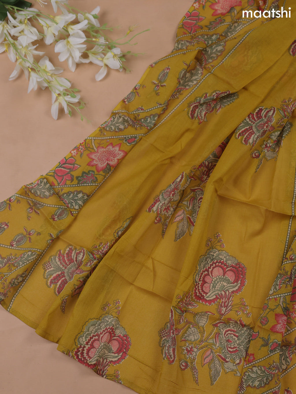 Musted Yellow Cotton Dress Material With Prints