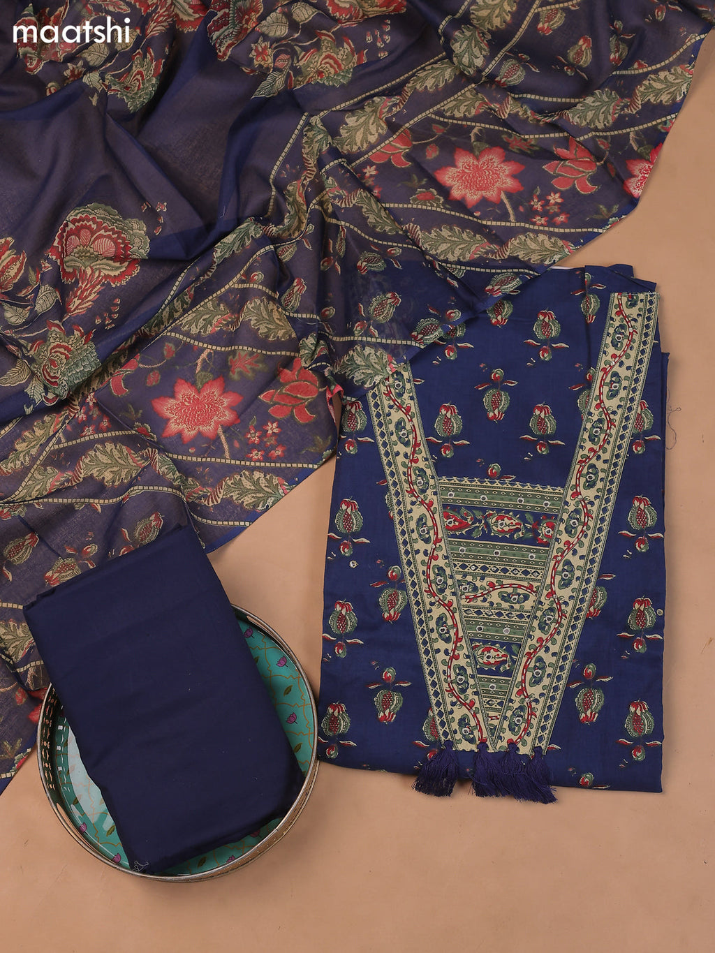 Dark Blue Cotton Dress Material With Prints