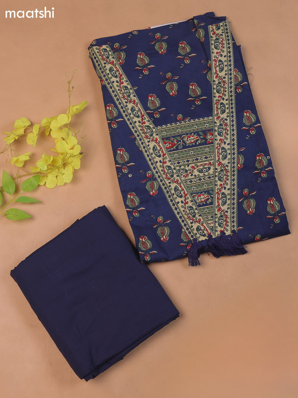 Dark Blue Cotton Dress Material With Prints