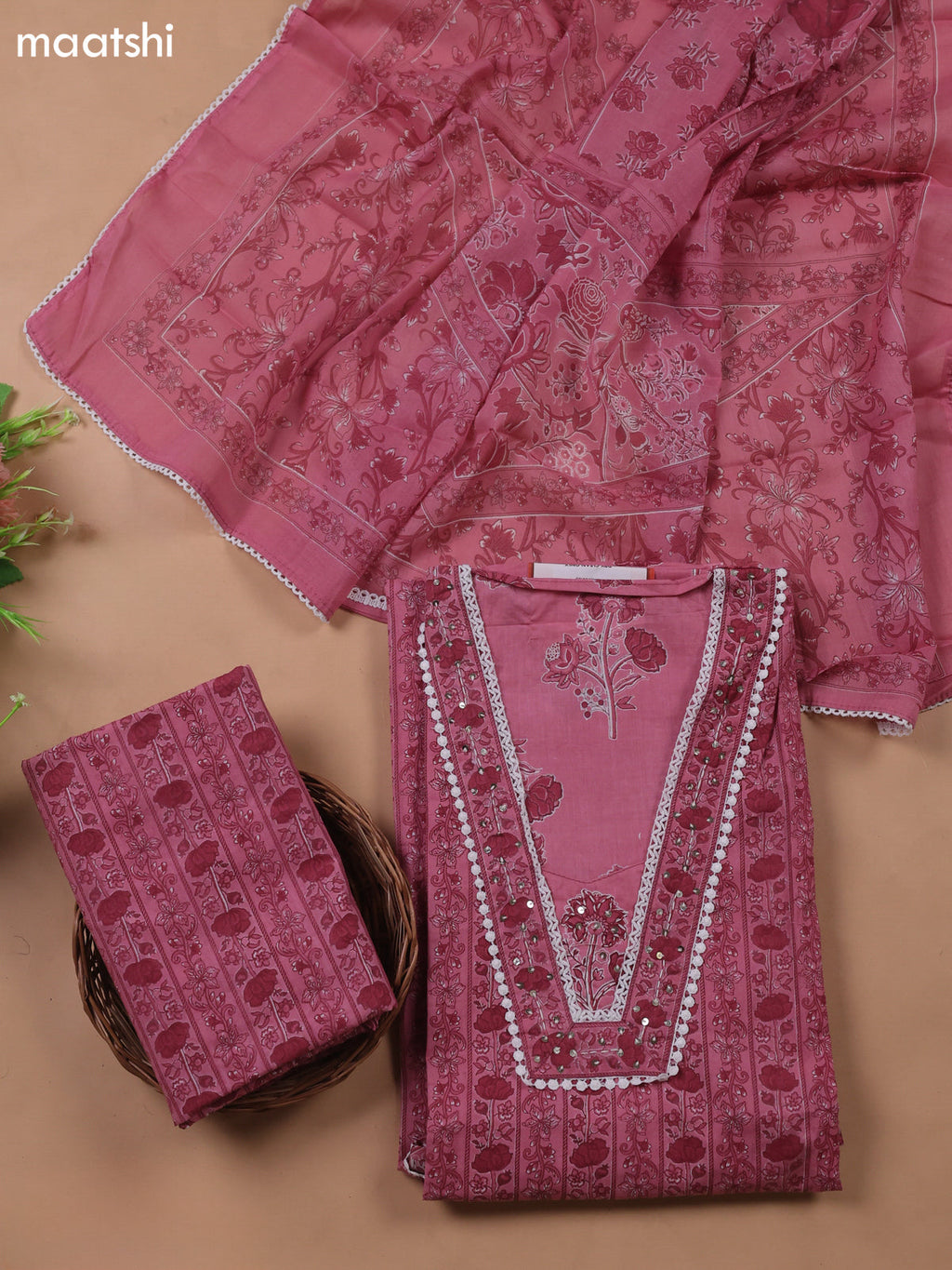 Pink Cotton Dress Material With Floral Printed & Embroidery Work