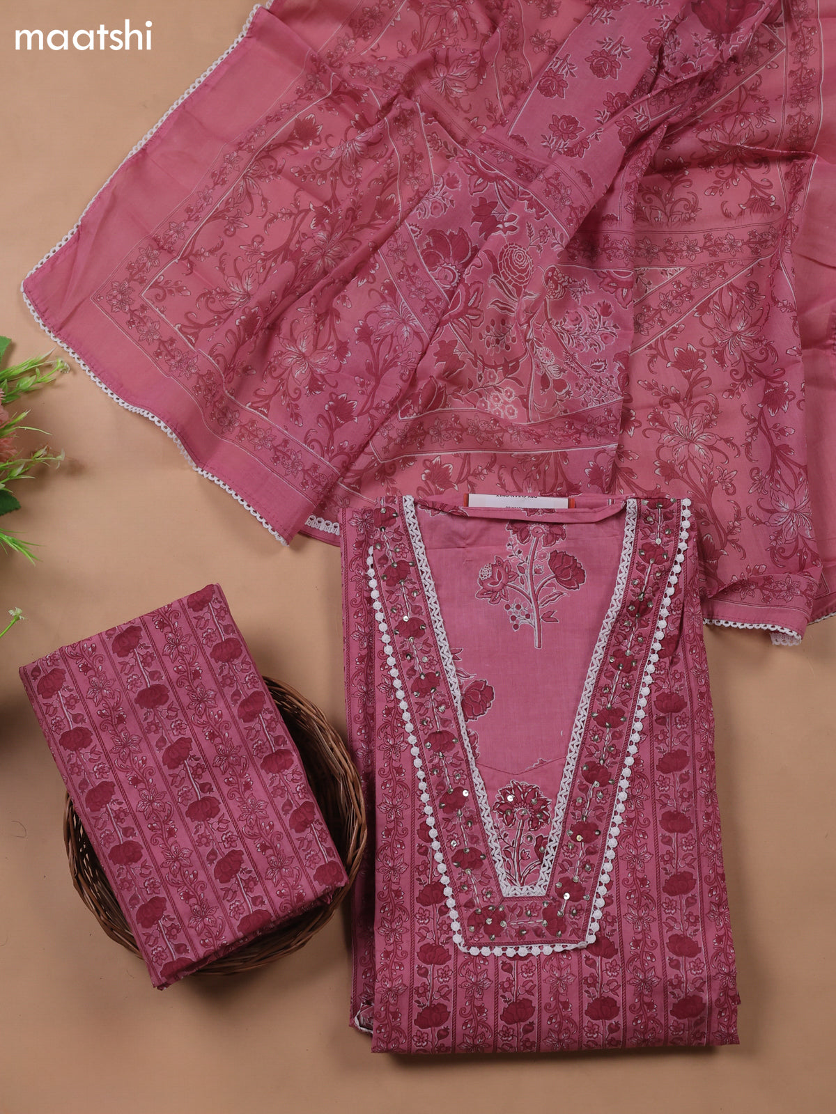 Pink Cotton Dress Material With Floral Printed & Embroidery Work