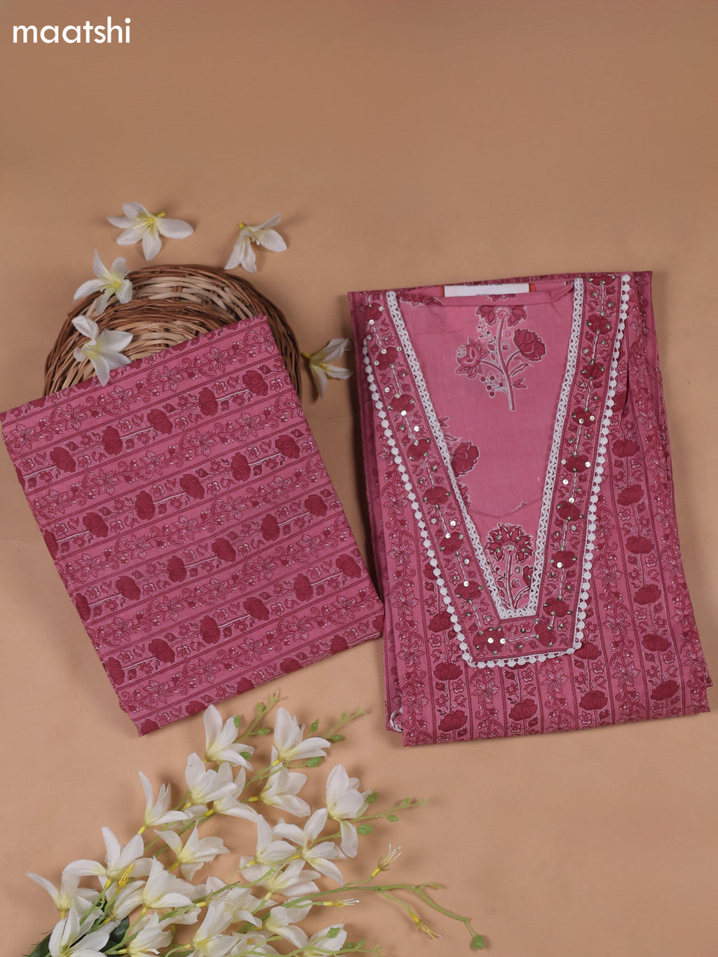 Pink Cotton Dress Material With Floral Printed & Embroidery Work