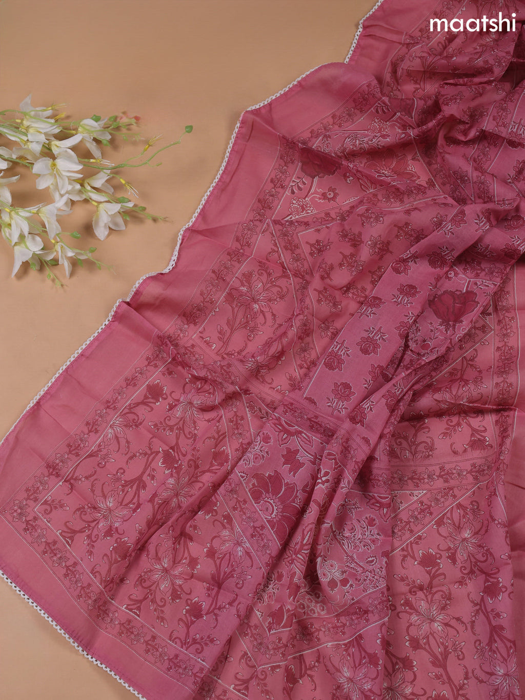 Pink Cotton Dress Material With Floral Printed & Embroidery Work