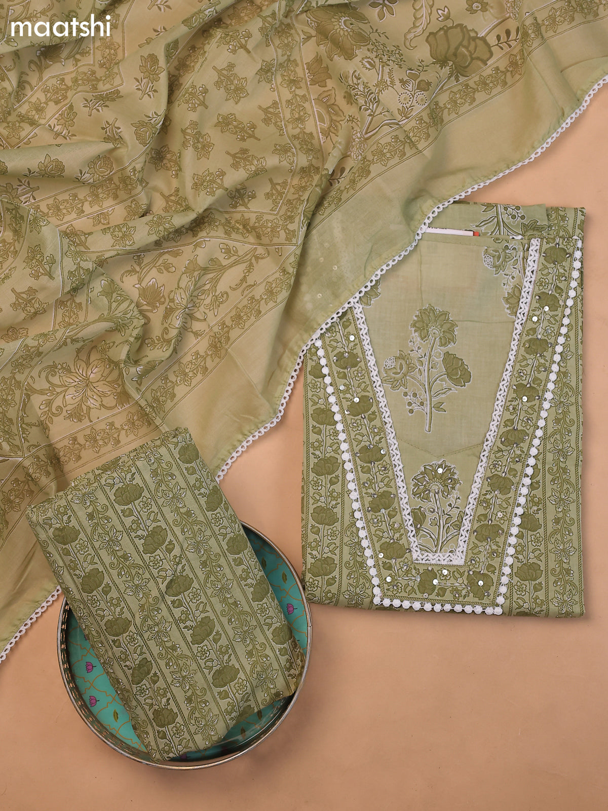 Light Green Cotton Dress Material With Floral Printed & Embroidery Work