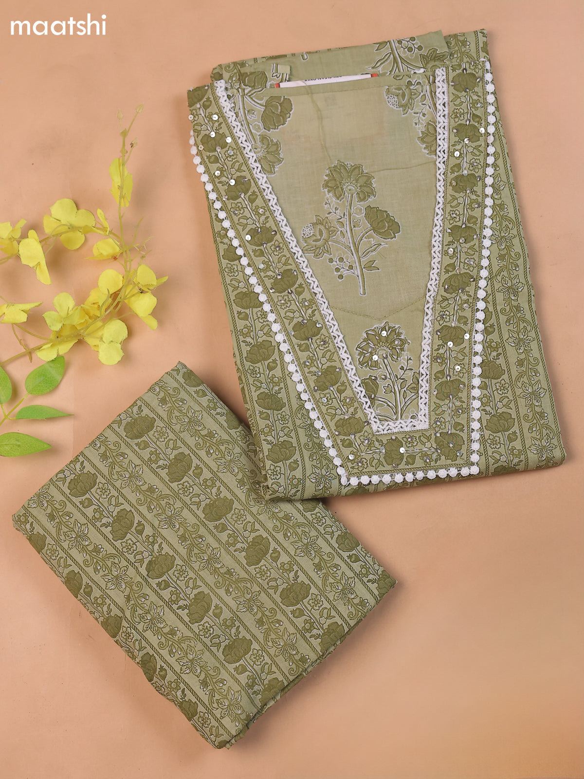Light Green Cotton Dress Material With Floral Printed & Embroidery Work