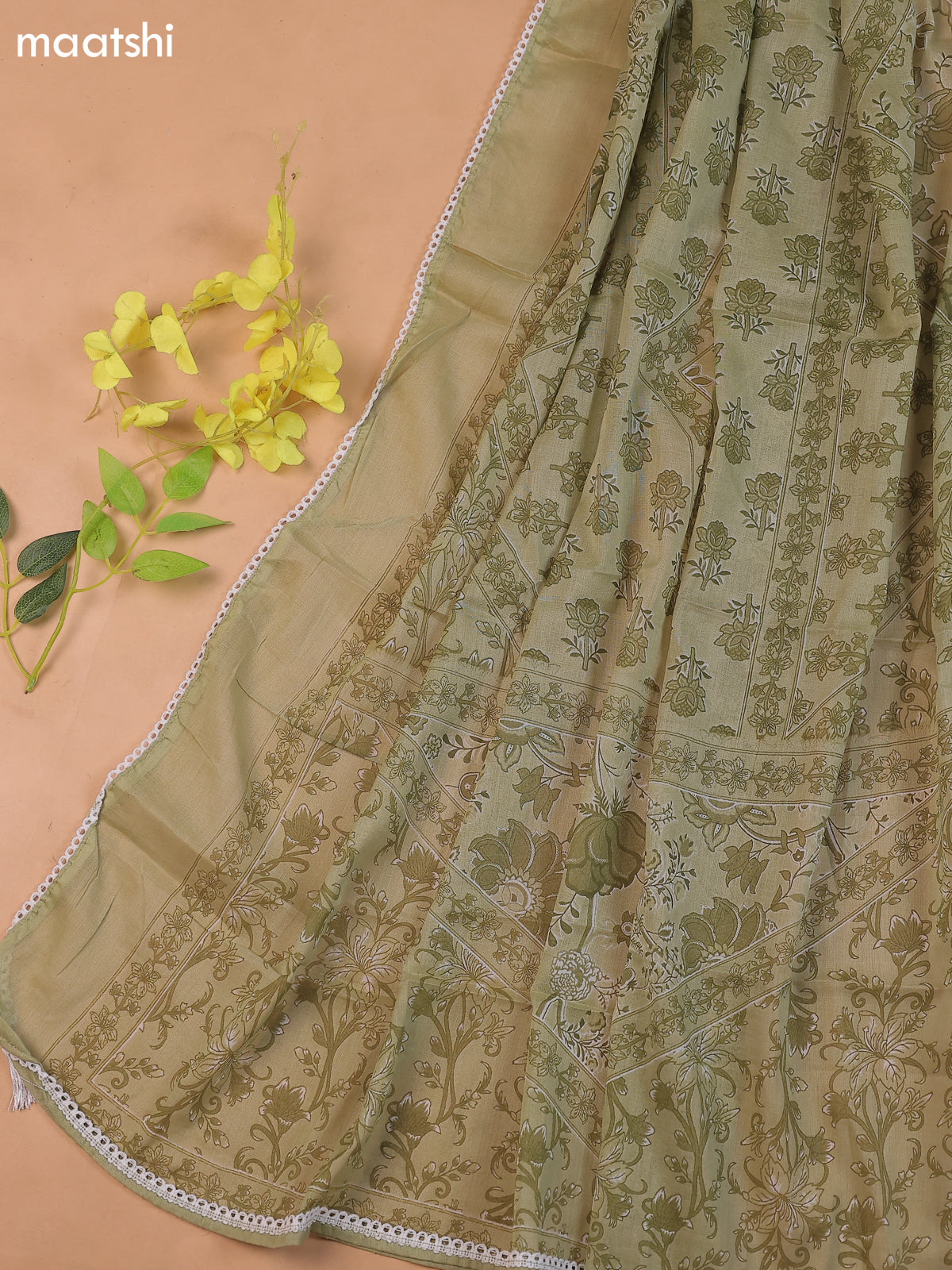 Light Green Cotton Dress Material With Floral Printed & Embroidery Work