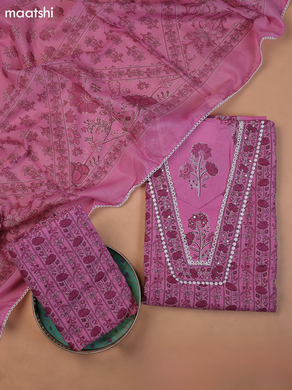 Lavender Cotton Dress Material With Floral Printed & Embroidery Work
