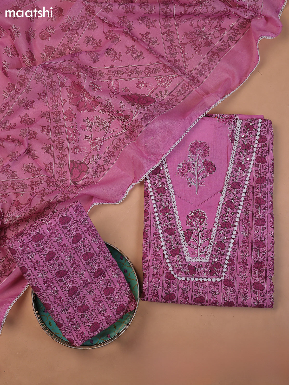 Lavender Cotton Dress Material With Floral Printed & Embroidery Work