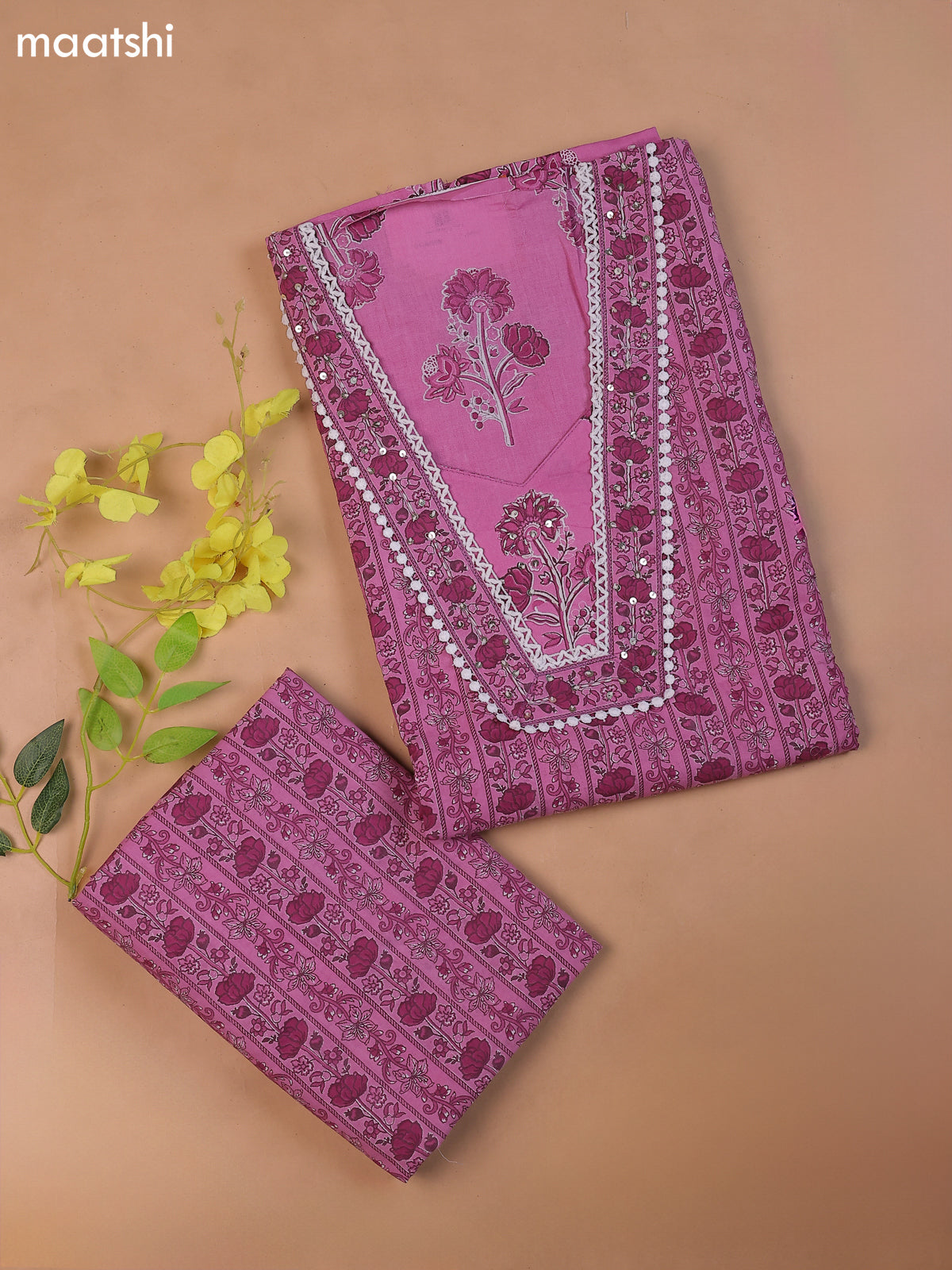 Lavender Cotton Dress Material With Floral Printed & Embroidery Work