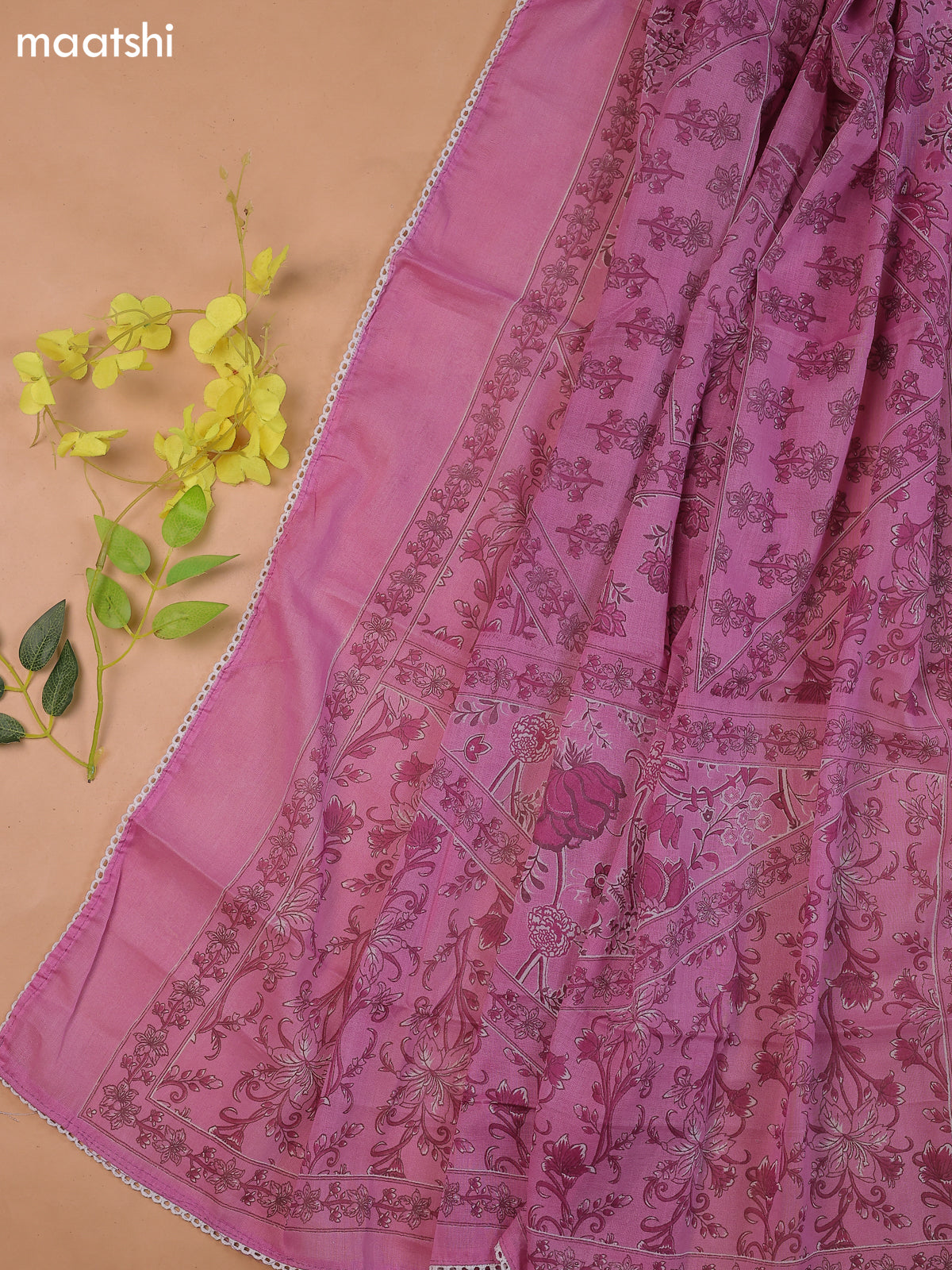 Lavender Cotton Dress Material With Floral Printed & Embroidery Work