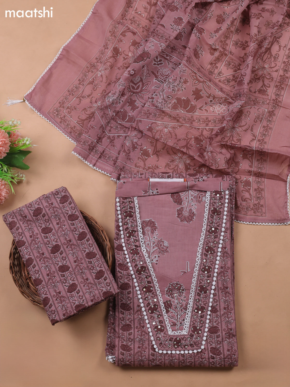 Dark Peach Cotton Dress Material With Floral Printed & Embroidery Work