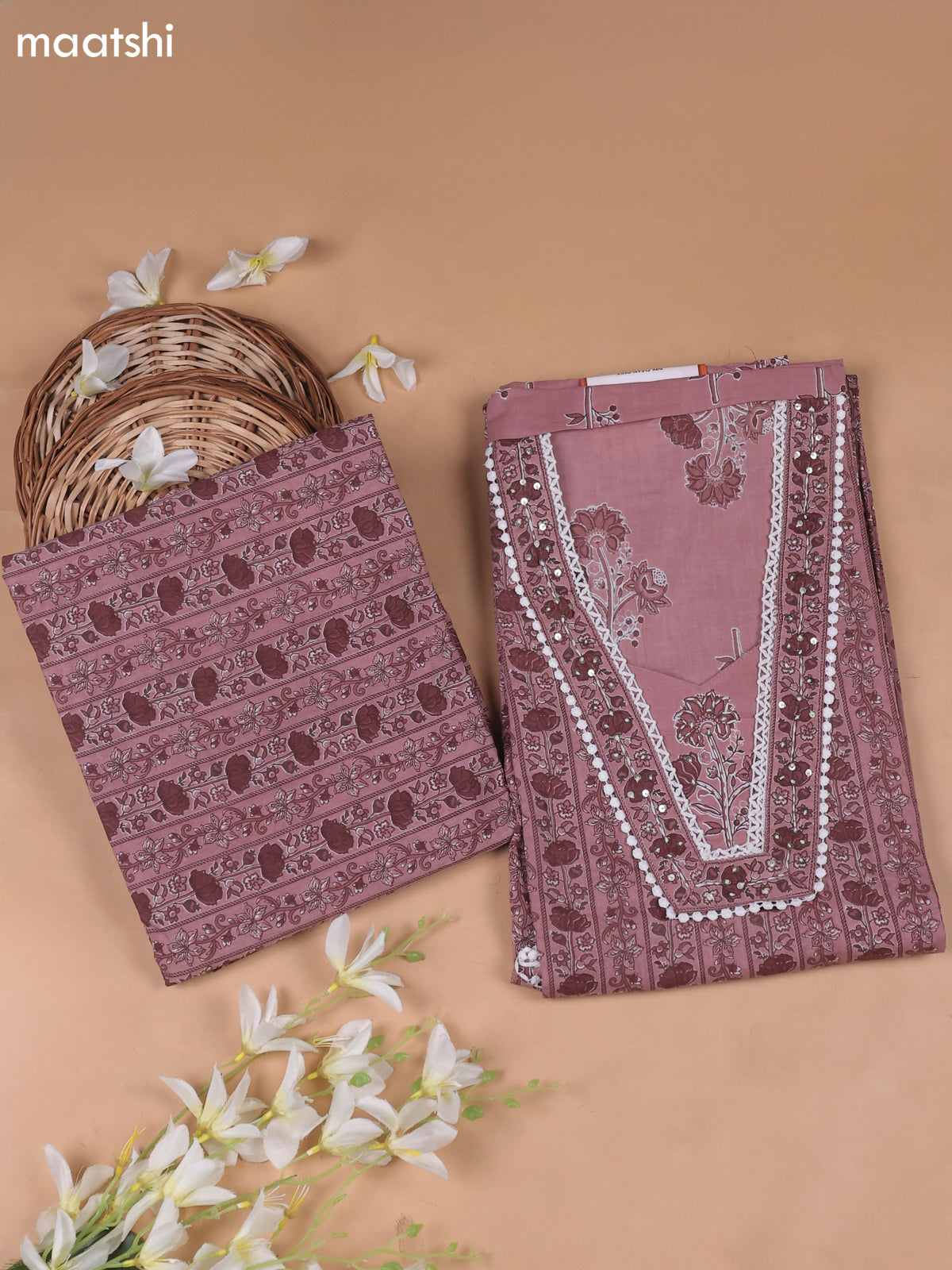 Dark Peach Cotton Dress Material With Floral Printed & Embroidery Work