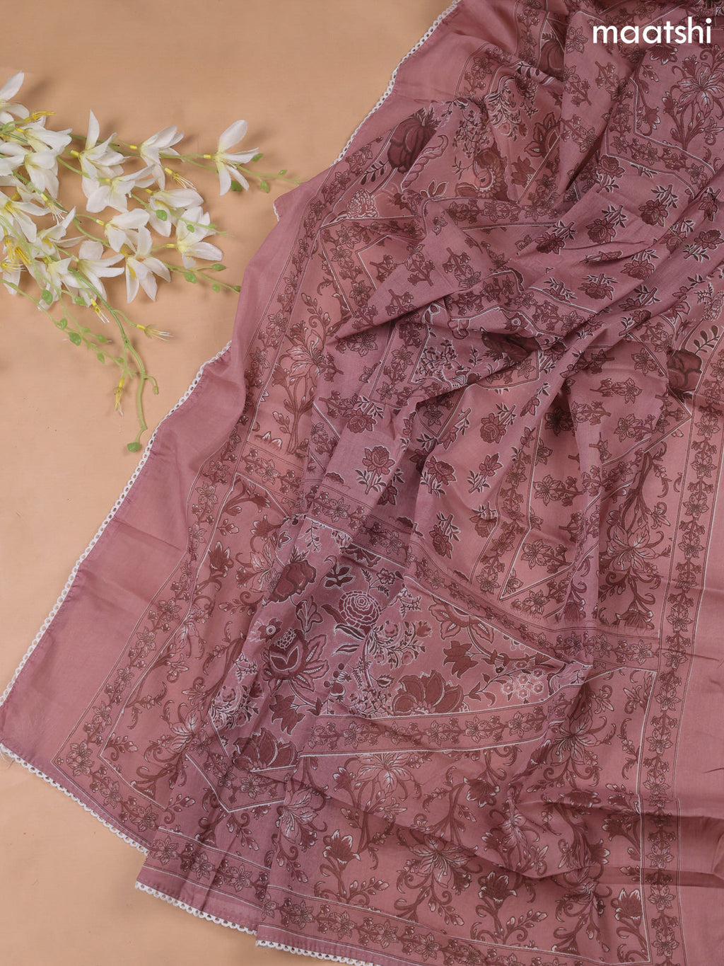 Dark Peach Cotton Dress Material With Floral Printed & Embroidery Work