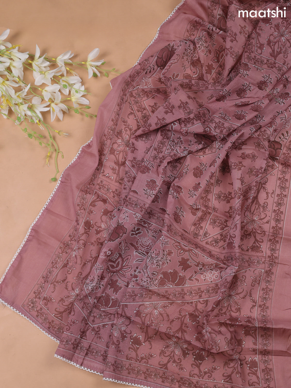 Dark Peach Cotton Dress Material With Floral Printed & Embroidery Work