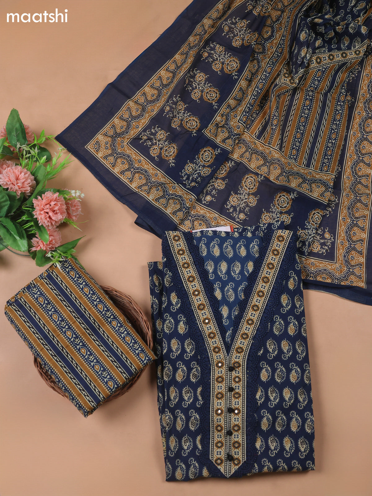 Blue Cotton Dress Material With Prints