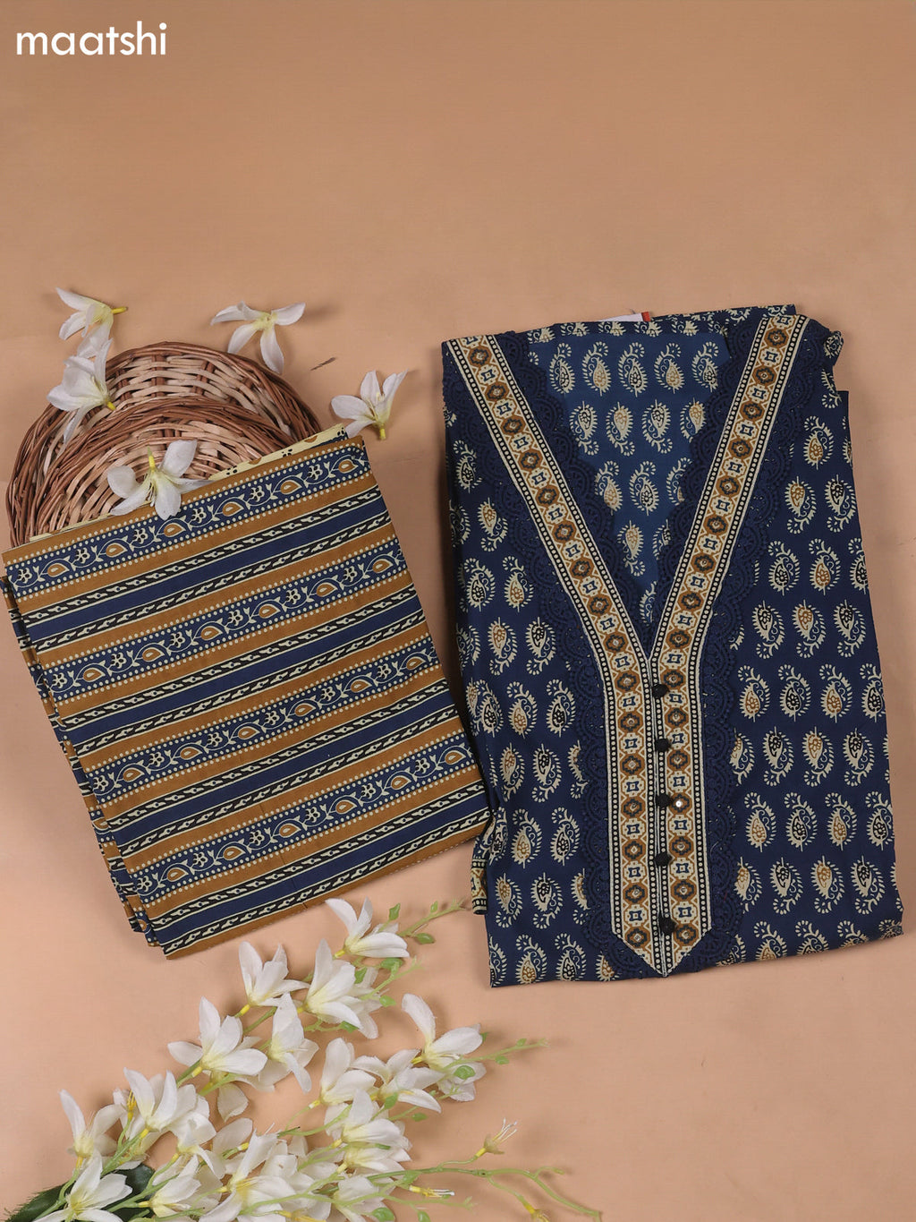 Blue Cotton Dress Material With Prints