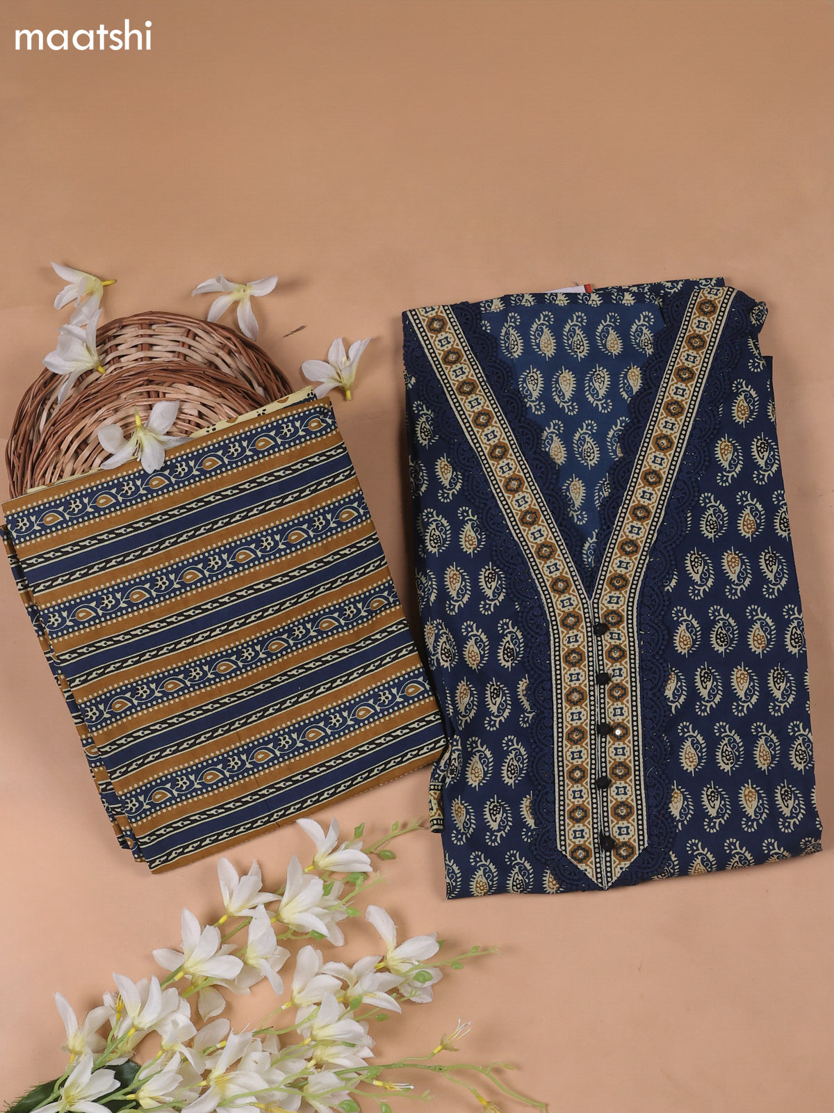 Blue Cotton Dress Material With Prints