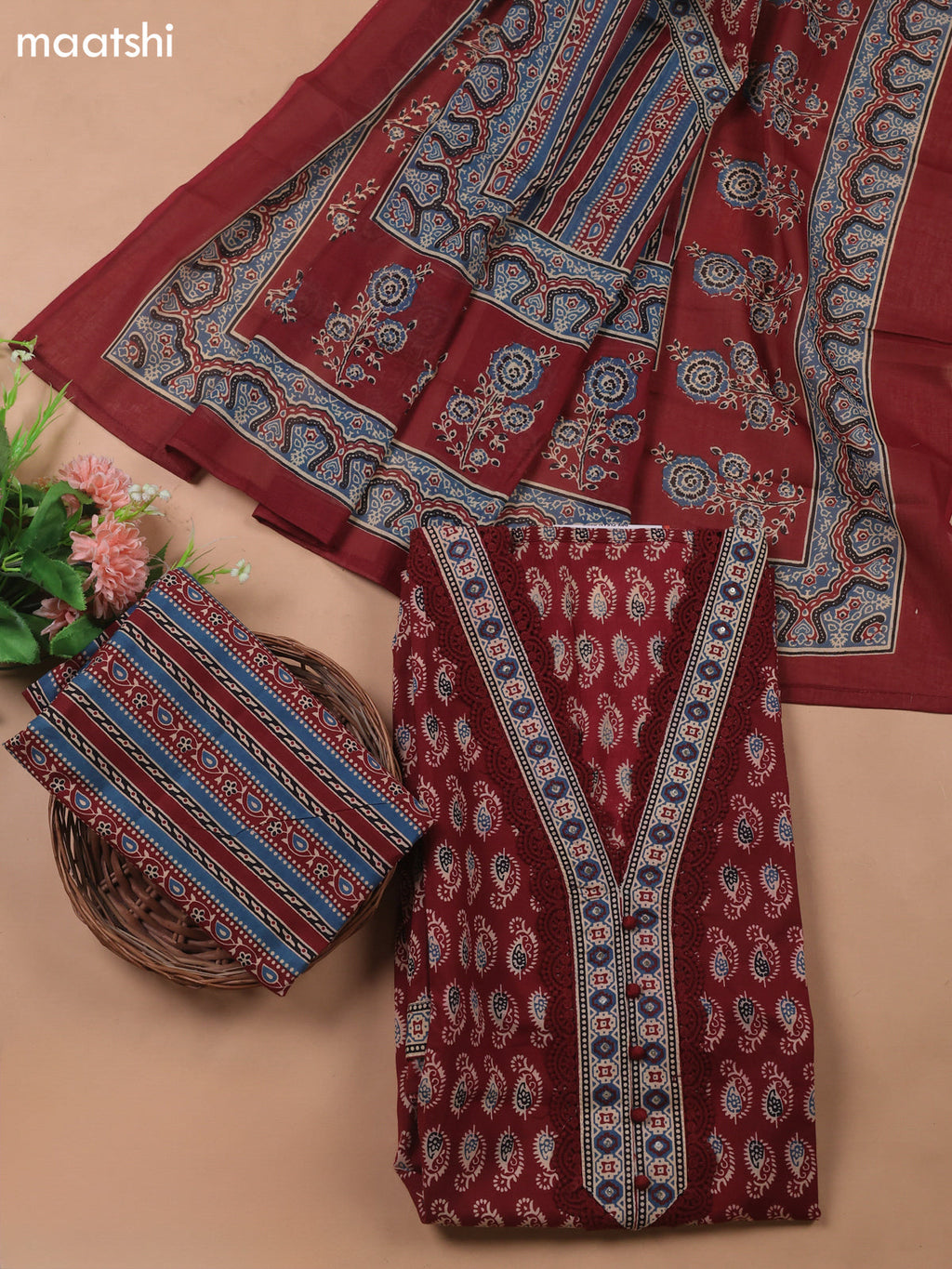 Maroon Cotton Dress Material With Prints