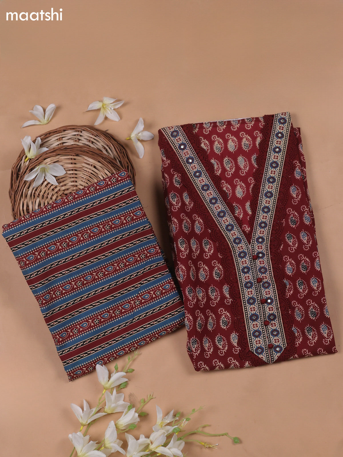 Maroon Cotton Dress Material With Prints