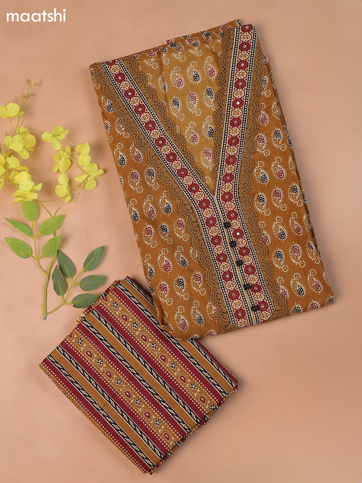 Musted Yellow Cotton Dress Material With Prints
