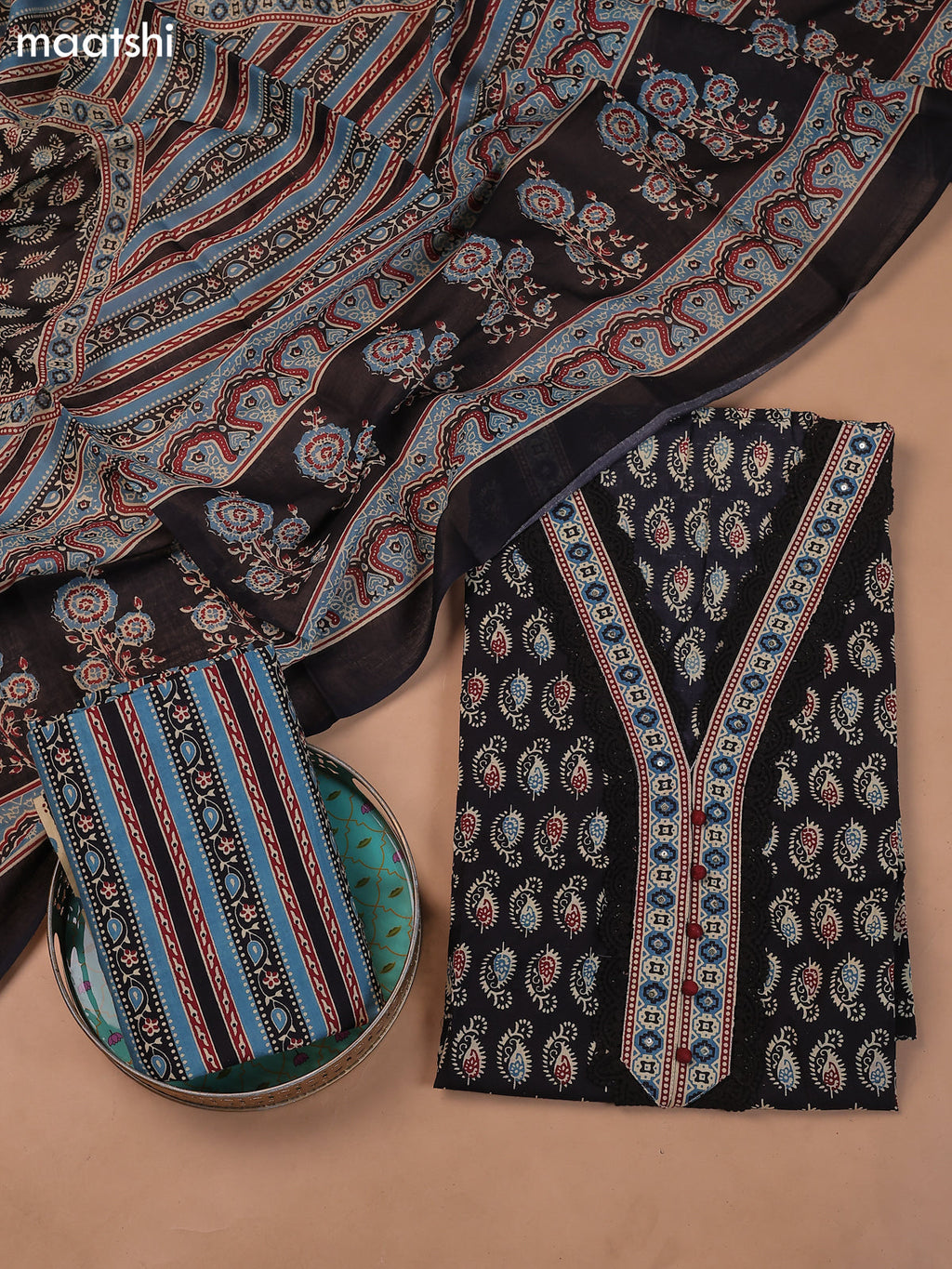 Black Cotton Dress Material With Prints