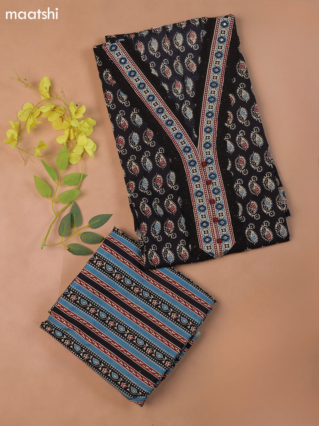 Black Cotton Dress Material With Prints