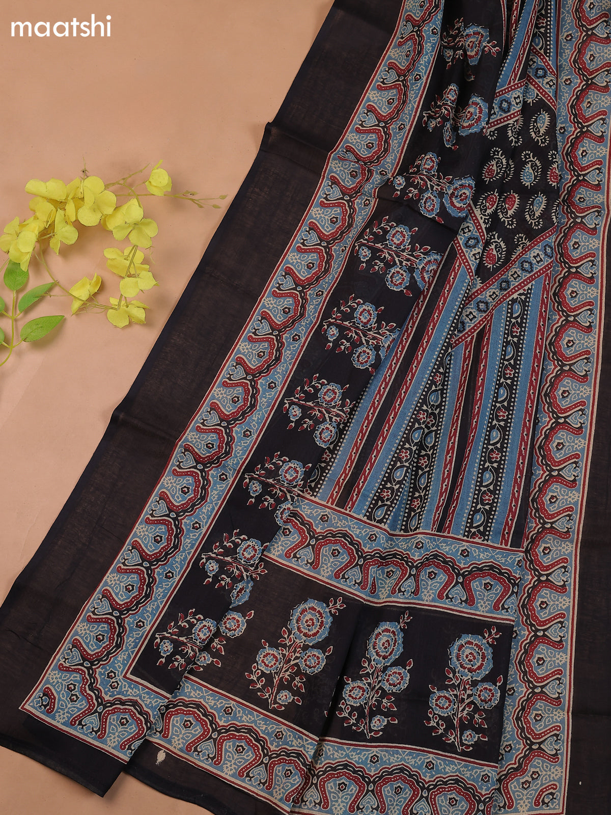 Black Cotton Dress Material With Prints
