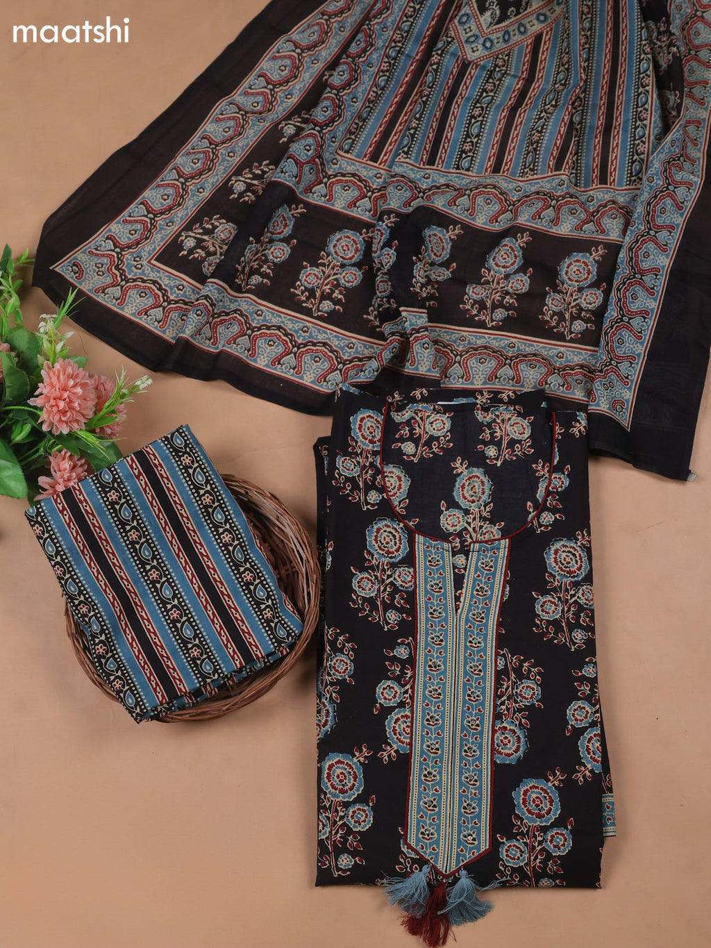Black Cotton Dress Material With Floral Prints