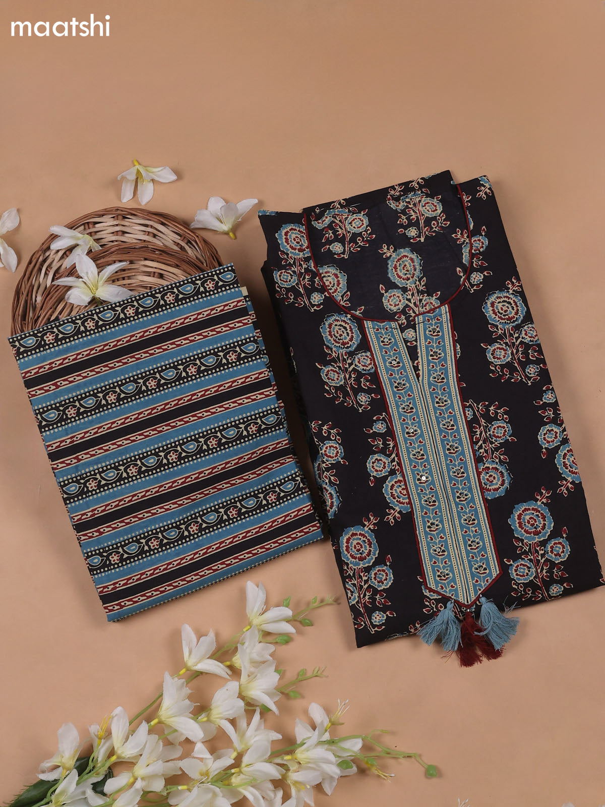 Black Cotton Dress Material With Floral Prints