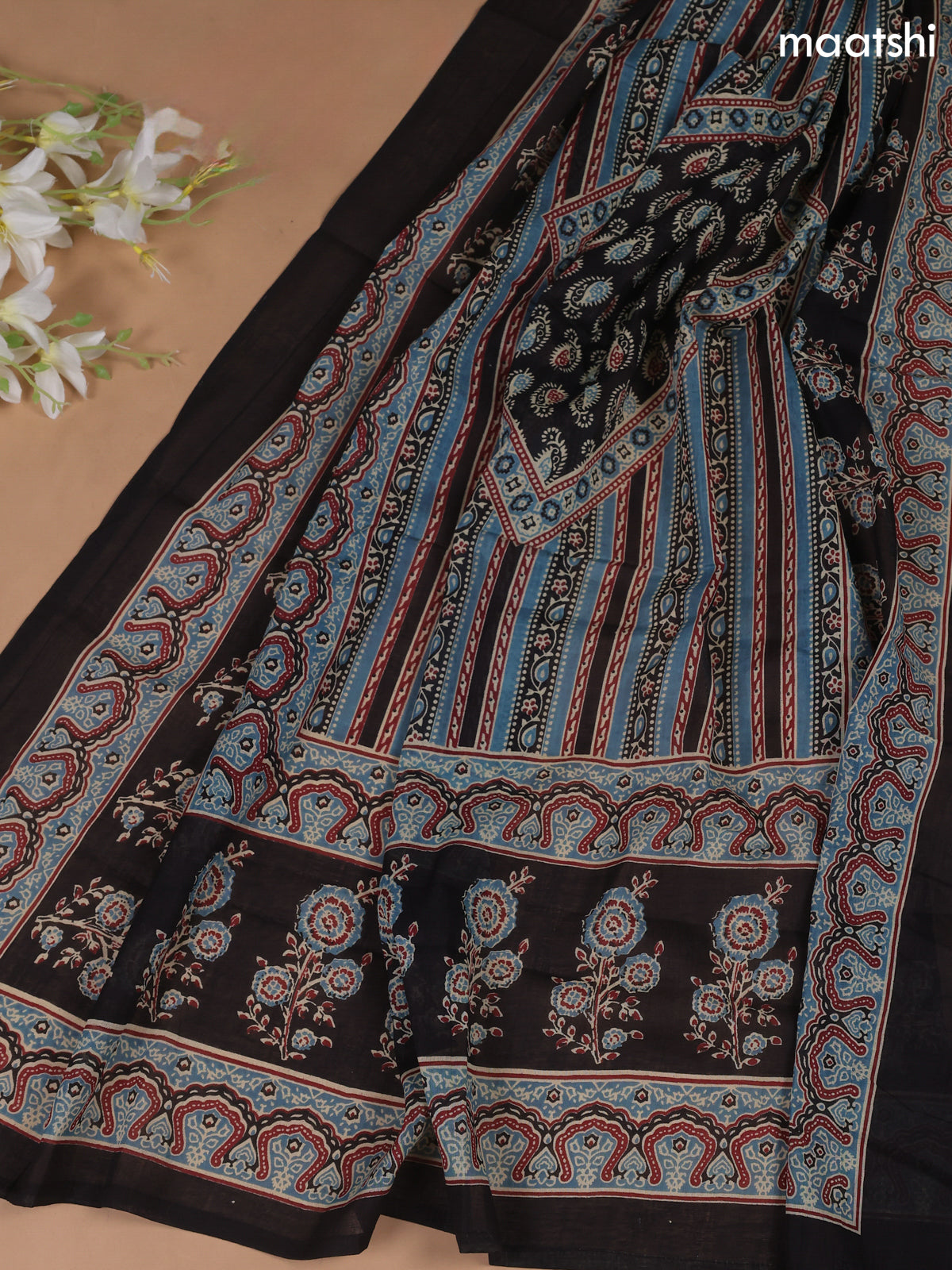 Black Cotton Dress Material With Floral Prints