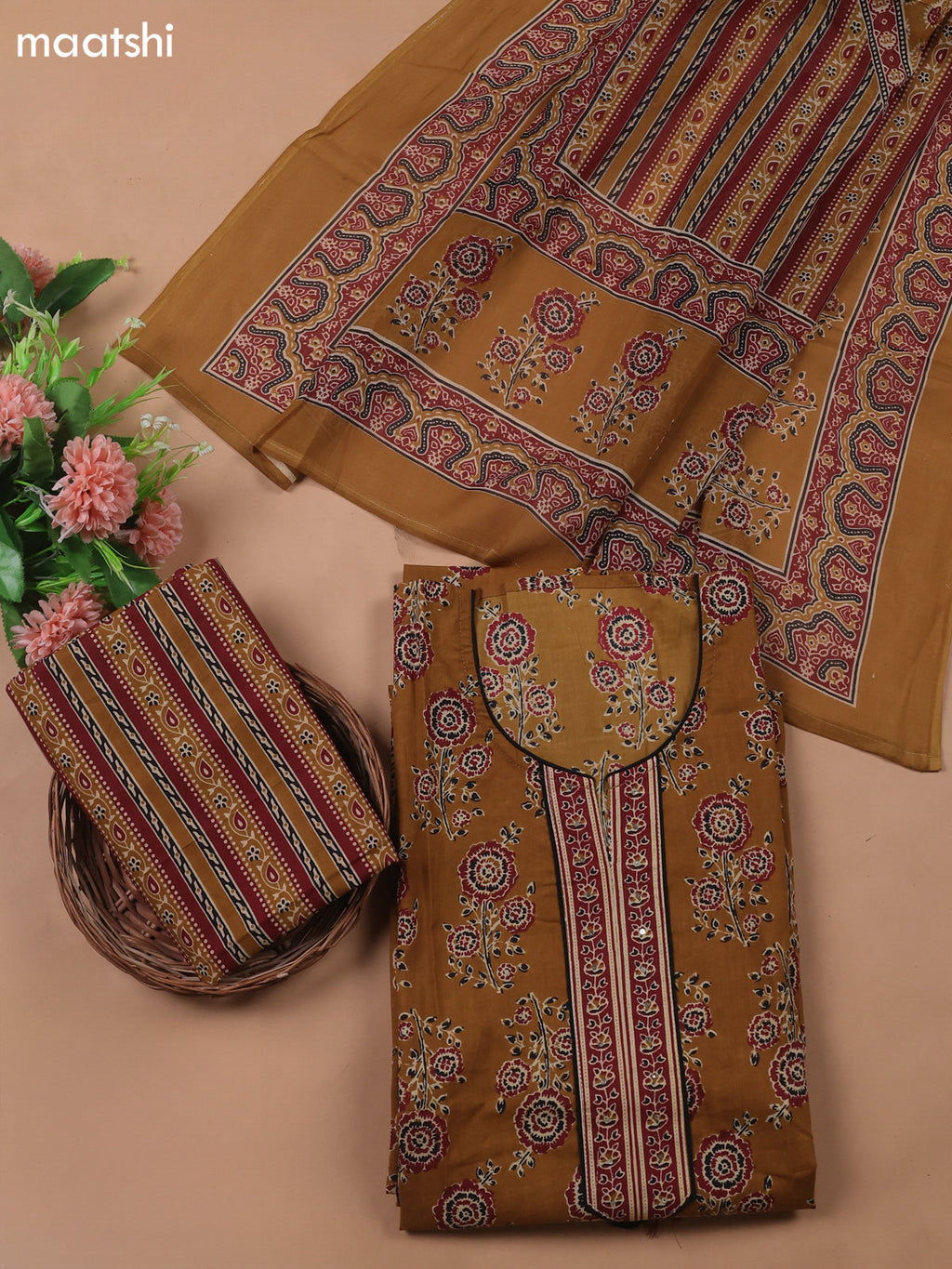 Musted Yellow Cotton Dress Material With Floral Prints
