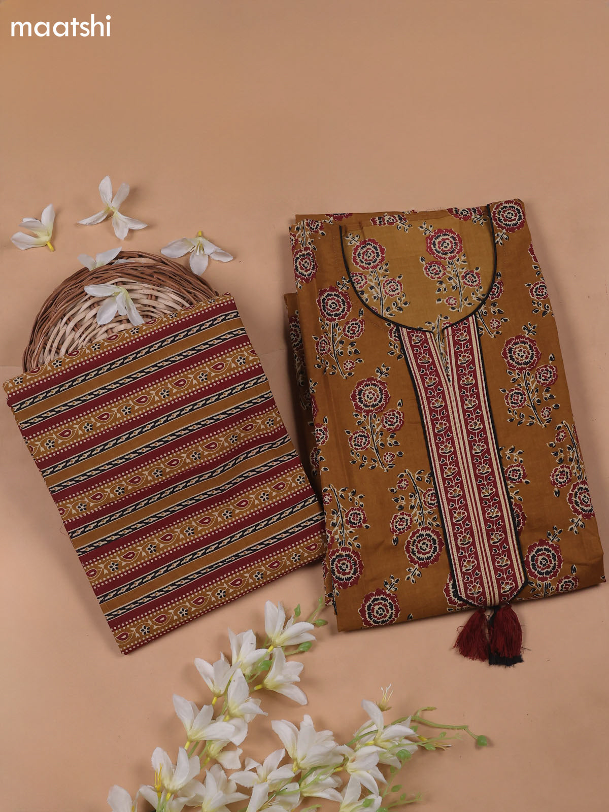 Musted Yellow Cotton Dress Material With Floral Prints