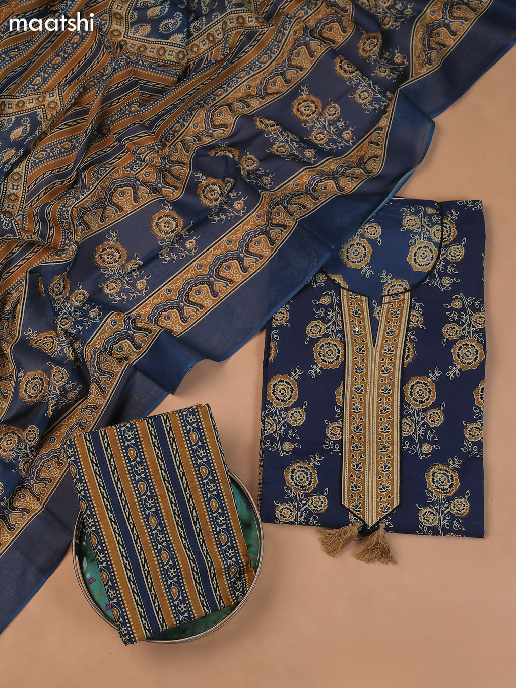 Dark Blue Cotton Dress Material With Floral Prints